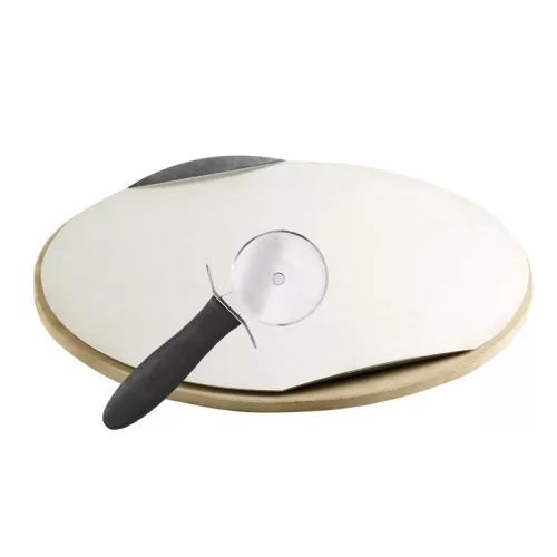 Pizzastein mit Aluminiumschale und Messer