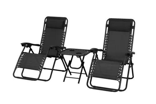 Delux 2x Liegestuhl und Tisch Set schwarz