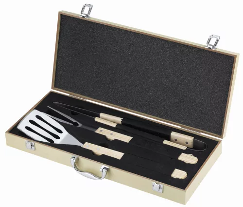 Set aus 3 Grillwerkzeugen in Holzkiste