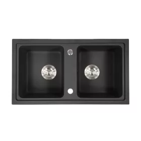   Tia quadratisches Waschbecken mit zwei Becken aus Granit mit Siphon schwarz