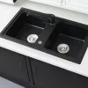Tia quadratisches Waschbecken mit zwei Becken aus Granit mit Siphon schwarz