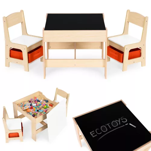 Kindermöbel Set Tisch 2 Stühle mit Kreidetafel